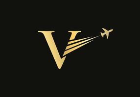 concepto de diseño de logotipo de viaje con letra v con símbolo de avión volador vector