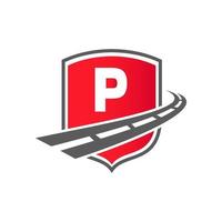 Transport Logo With Shield Concept. Letter P Transportation Road Logo Design Freight Template vector