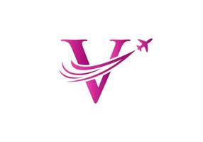 concepto de diseño de logotipo de viaje con letra v con símbolo de avión volador vector