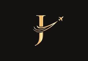 concepto de diseño de logotipo de viaje con letra j con símbolo de avión volador vector