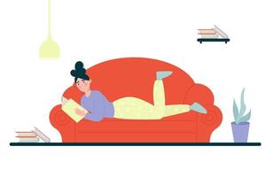 Woman lying on the couch reading a book. Vector illustration