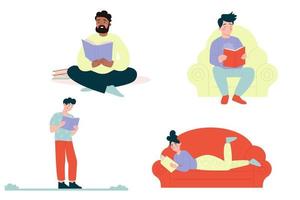 Set of different people reading a book. Vector illustration