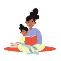 African American mother and daughter reading a book together. Vector illustration