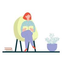 Woman sitting in a chair reading a book. Vector illustration