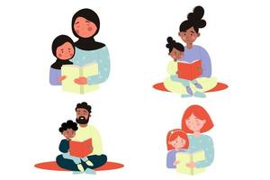 Set of different parents and children reading a book together. Muslims hijab, African Americans. Vector illustration
