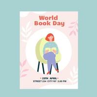 Woman reading a book poster, flyer. World Book Day vector