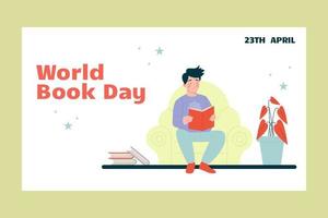 Man reading a book banner horizontal. World Book Day vector