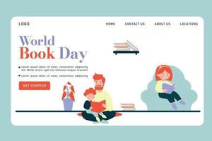 página de inicio del día mundial del libro. padres e hijos leyendo un libro vector