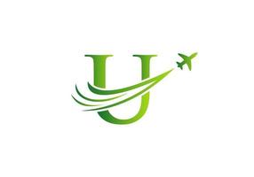 Letter U Travel Logo Design Concept With Flying Airplane Symbol vector
