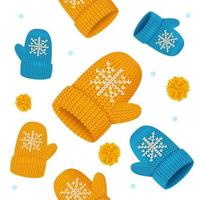 Realistic Detailed 3d Knitted Woolen Mittens Seamless Pattern Background. Vector