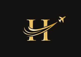 concepto de diseño de logotipo de viaje con letra h con símbolo de avión volador vector