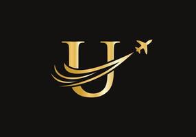 Letter U Travel Logo Design Concept With Flying Airplane Symbol vector