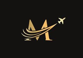 Letter M Travel Logo Design Concept With Flying Airplane Symbol vector