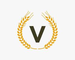 Letter V Agriculture Logo Design With Wheat Symbol vector