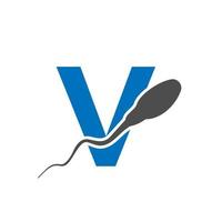 logotipo de esperma de letra v. logotipo médico del banco de células de esperma vector
