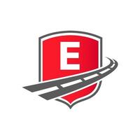 Transport Logo With Shield Concept. Letter E Transportation Road Logo Design Freight Template vector