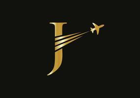 Letter J Travel Logo Design Concept With Flying Airplane Symbol vector