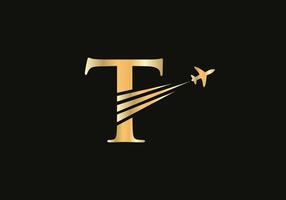 Letter T Travel Logo Design Concept With Flying Airplane Symbol vector