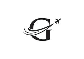 concepto de diseño de logotipo de viaje con letra g con símbolo de avión volador vector