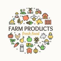 Farm Products Round Design Template Thin Line Icon Concept. Vector