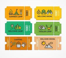 Cartoon Color Camping Ticket and Thin Line Icon Set. Vector