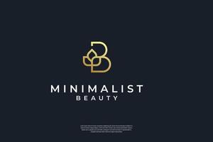 Minimalist golden initial B and leaf logo design with line art style vector