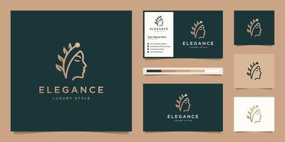 Elegant face woman hair salon gold gradient leaf logo design and business card vector