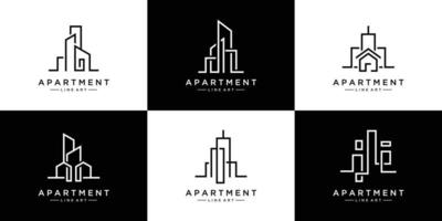 colección de conjuntos de arquitectura de edificios, estilo de arte de línea de diseño de logotipo de bienes raíces vector
