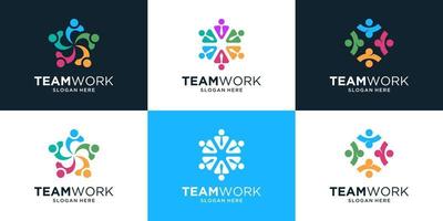 Set of teamwork logo with people group in colorful design style. vector