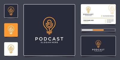 diseño de logotipo de podcast minimalista y tarjeta de visita, combinación creativa de micrófono y concepto de lámpara vector