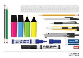 Stationery set of writing utensils. Writing tools for work daily activities with pen pencils ruler eraser compass pen sharpener whiteboard marker cutter. colored stationery. vector