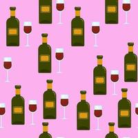 Bottle and glass of red wine seamless pattern. Vector background with alcohol. Print with alcoholic drinks