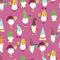 Funny gnomes with gifts seamless pattern. Cheerful gnomes in hats vector characters flat style