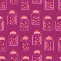 Jars of different shapes filled with hearts and stars seamless pattern. Vector background