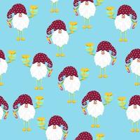 Funny gnomes with gifts seamless pattern. Cheerful gnomes in hats vector characters flat style