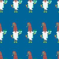 Funny gnomes with gifts seamless pattern. Cheerful gnomes in hats vector characters flat style