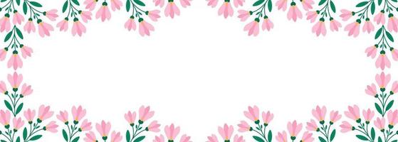 Floral horizontal border, Twigs with pink flowers and leaves in flat style. Vector template