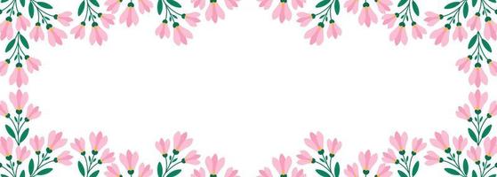 Floral horizontal border, Twigs with pink flowers and leaves in flat style. Vector template