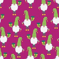 Funny gnomes with gifts seamless pattern. Cheerful gnomes in hats vector characters flat style