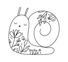 Cute hand drawn vector baby snail line spring with line berries, branches, flower texture. Icon outline illustration for greeting card baby, web design, invitation