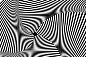 Black op art striped square spiral vector template. Distorted wavy optical illusion ripple effect background.