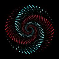 Dotted cyan and red spiral vortex circle logo vector. Abstract round swirl pattern dots on a black background clipart. vector