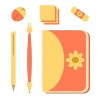 Set of orange-colored stationery in one style. Notepad, pen, pencil, laundry, notebooks, sharpener, writing sheets vector