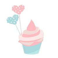 Cream cake in a basket with topers in pastel colors. Topers in the form of hearts vector