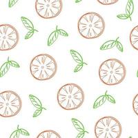 Seamless repeating pattern with orange slices and leaves. Outline on a white background in vector