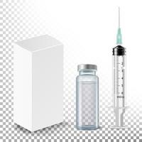 Medical Ampoule, White Package Box, Syringe Vector. Realistic Isolated Illustration vector