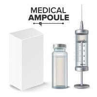Medical Ampoule, White Package Box, Syringe Vector. Realistic Isolated Illustration