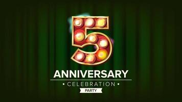 5 Years Anniversary Banner Vector. Five, Fifth Celebration. Glowing Lamps Number. For Traditional Company Birthday Design. Retro Green Background Illustration vector