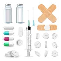 artículos médicos establecen vector. pastillas, drogas, ampolla, jeringa, parche. ilustración aislada vector