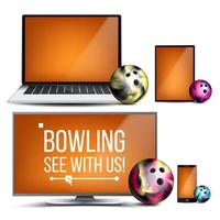 Bowling Application Vector. Bowling Ball. Online Stream, Bookmaker, Sport Game App. Banner Design Element. Live Match. Monitor, Laptop, Touch Tablet, Mobile Smart Phone. Realistic Illustration vector